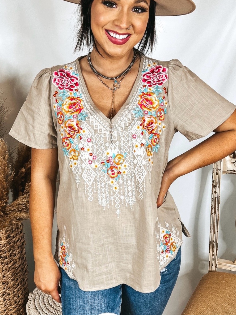 Savanna Jane Gray V-Neck Tunic with Pink, Yellow & Blue Floral Embroidery - Picture 2 of 12